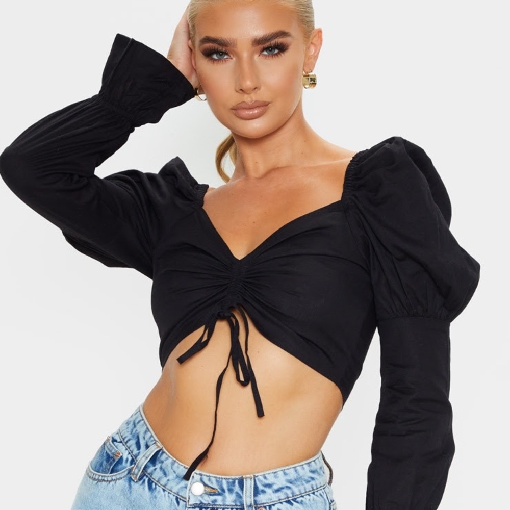PLT black linen peasant top